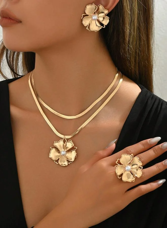 تايك تو طقم عقد وأقراط وخاتم زهور ذهبي للنساء